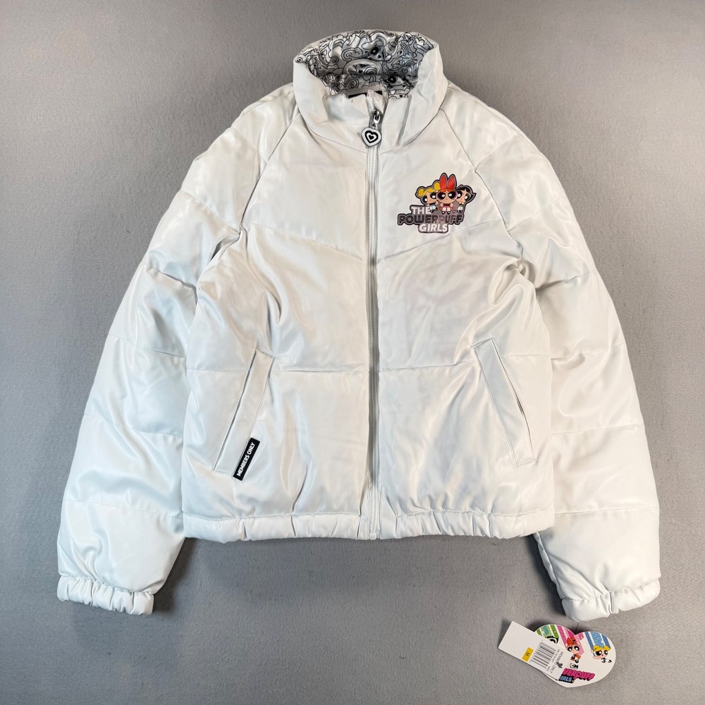 Members Only Powerpuff Girls White Faux Leather Puffer Jacket Womens Medium NEW